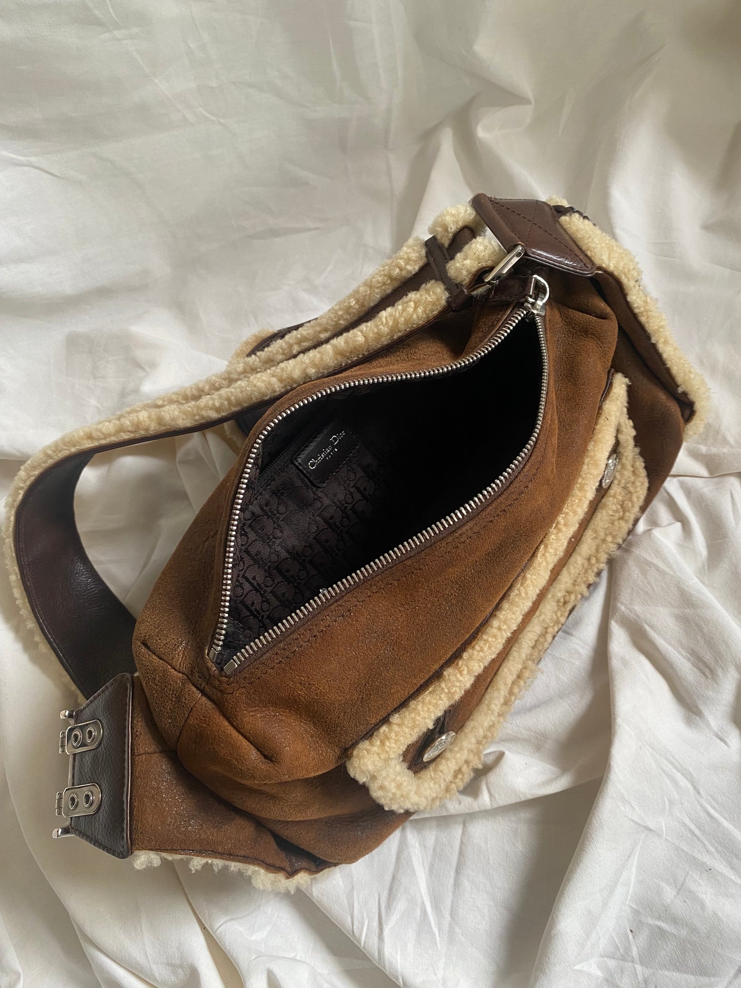 Dior Shearling East, West, Flight Shoulder Bag Dark Brown