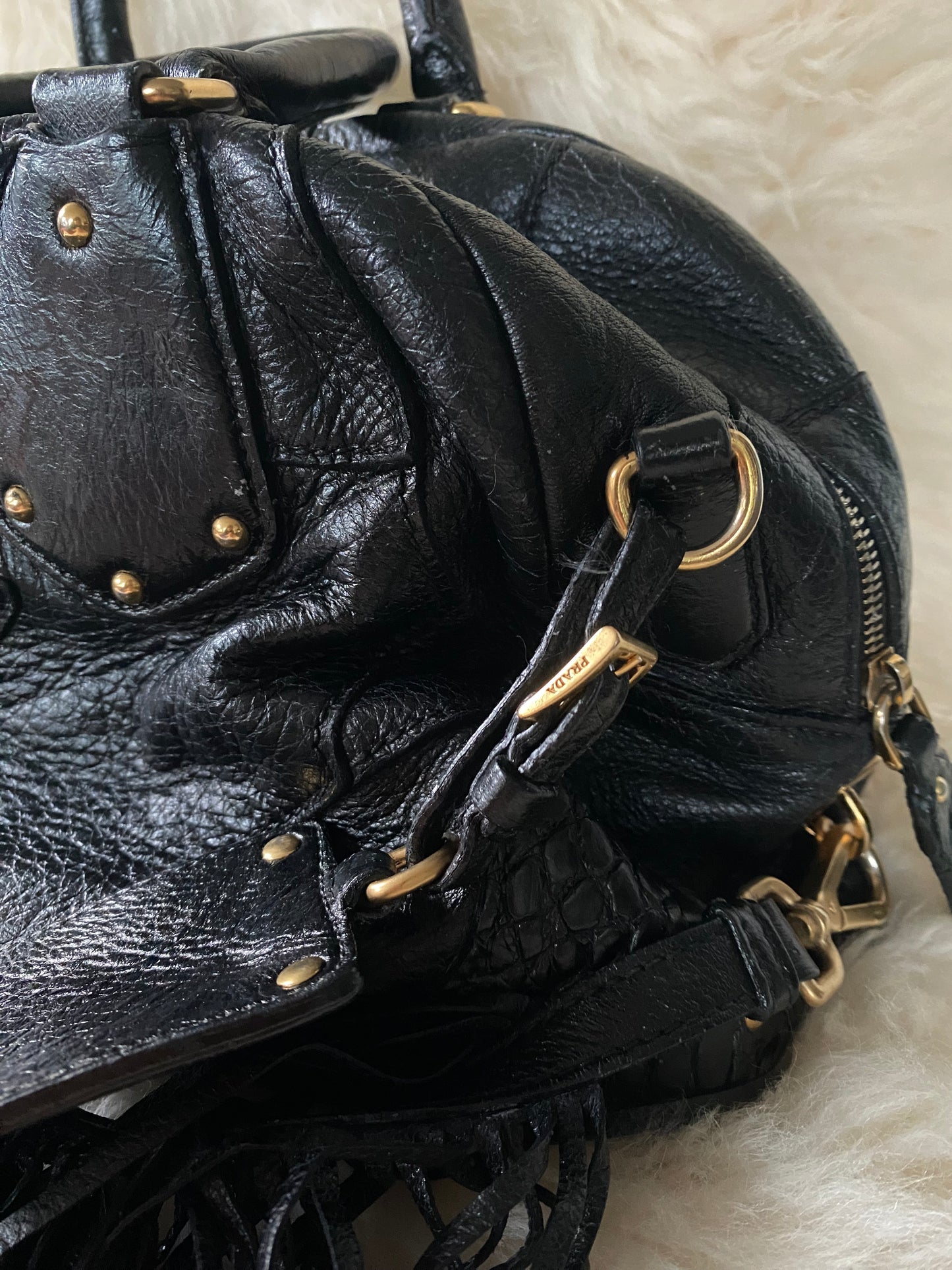 Prada Cervo Patchwork Fringe Bowler Bag Black