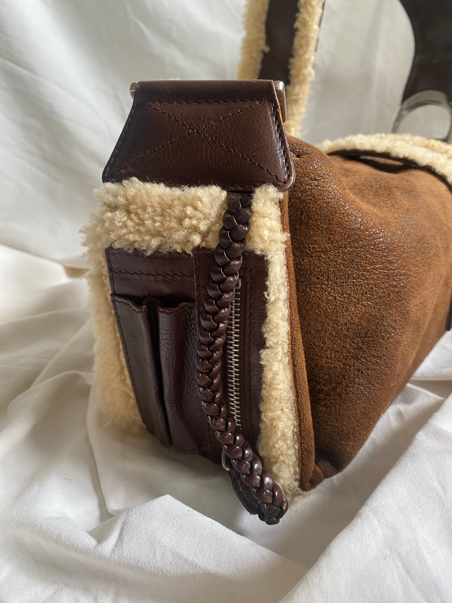Dior Shearling East, West, Flight Shoulder Bag Dark Brown