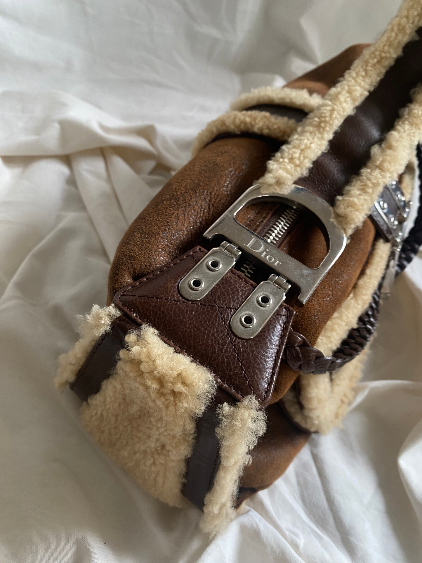 Dior Shearling East, West, Flight Shoulder Bag Dark Brown