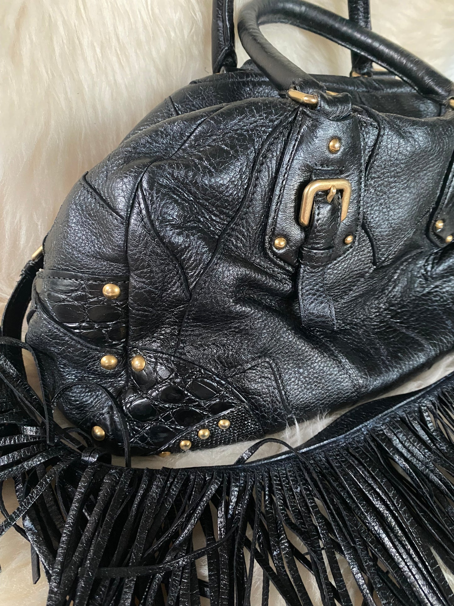 Prada Cervo Patchwork Fringe Bowler Bag Black