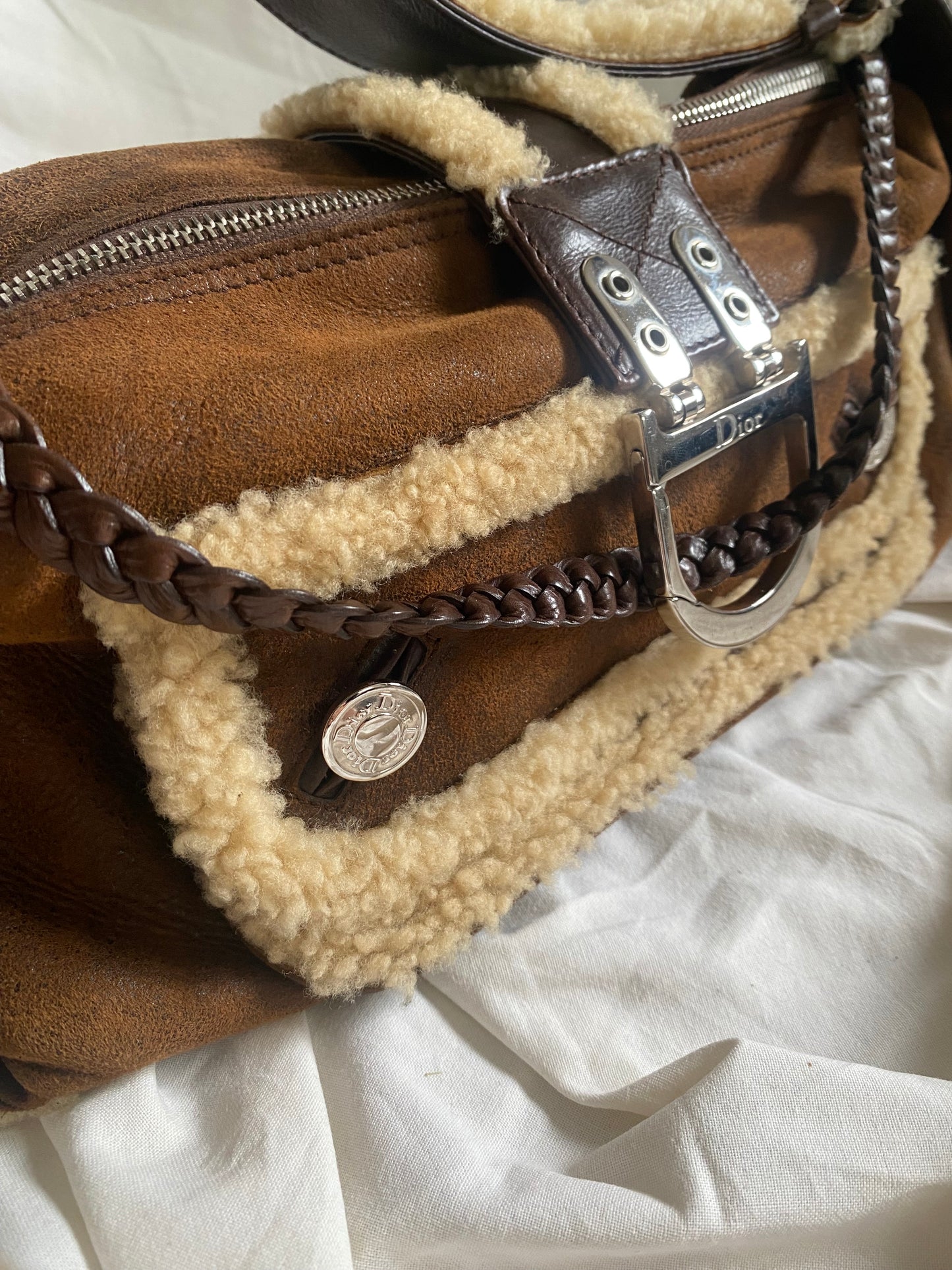 Dior Shearling East, West, Flight Shoulder Bag Dark Brown