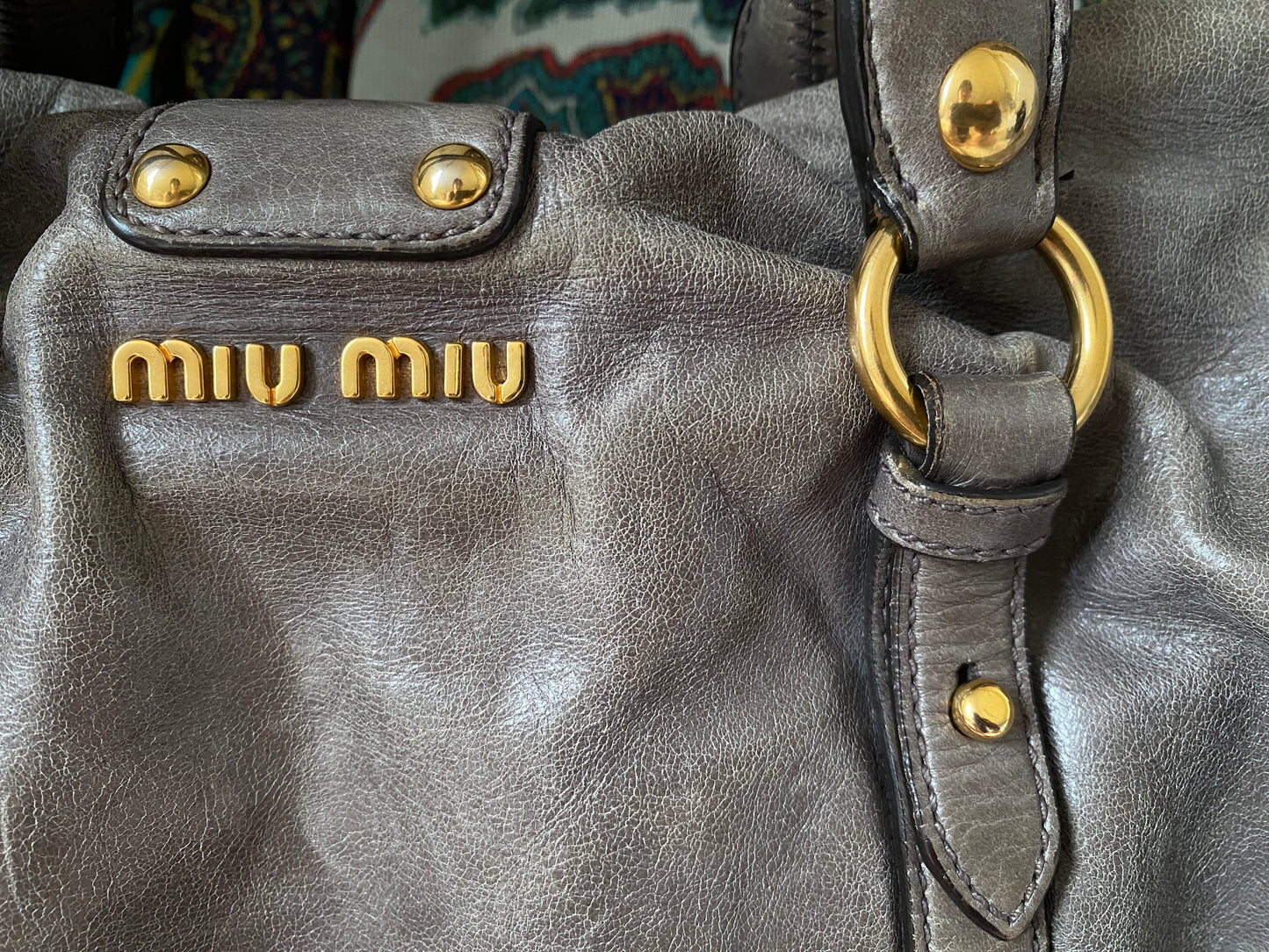 Miu Miu Vitello Lux Bow 2-Way Big Handbag Grey
