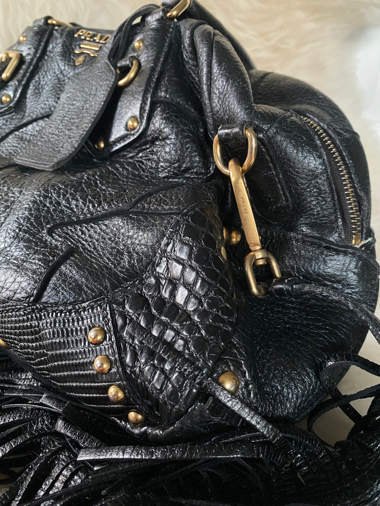 Prada Cervo Patchwork Fringe Bowler Bag Black