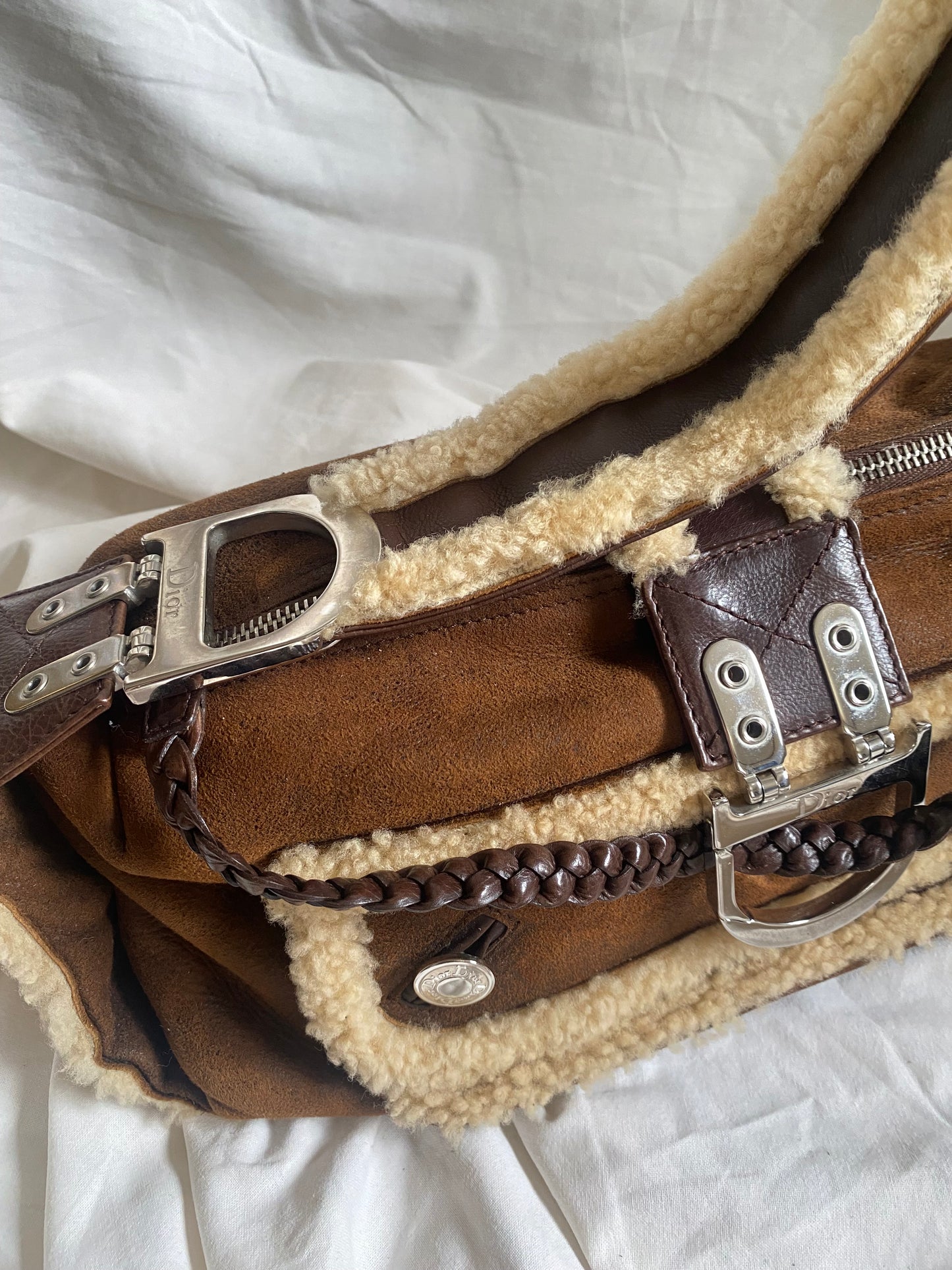 Dior Shearling East, West, Flight Shoulder Bag Dark Brown