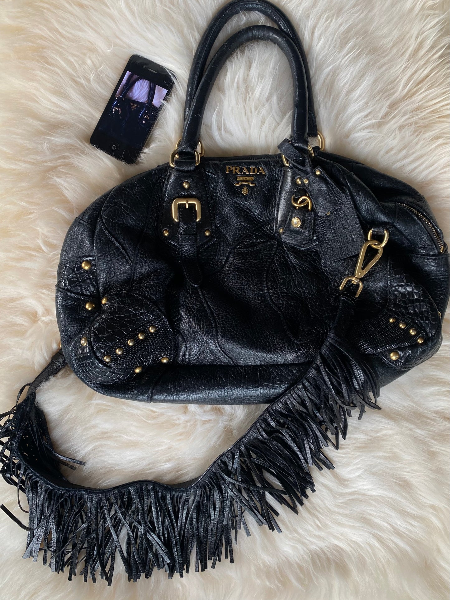 Prada Cervo Patchwork Fringe Bowler Bag Black