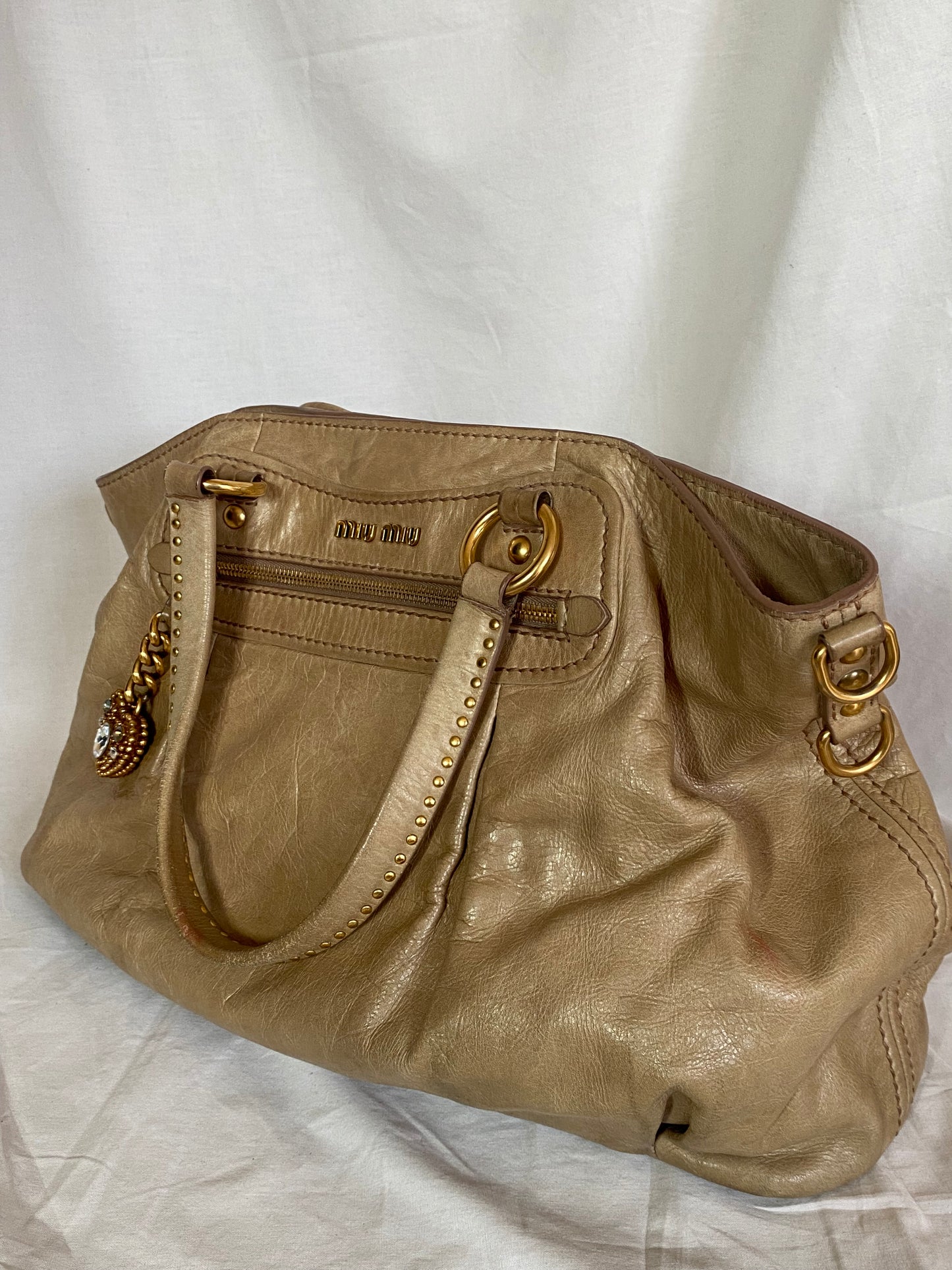 Miu Miu Vitello Lux Studded Heart Charm Tote Bag Beige