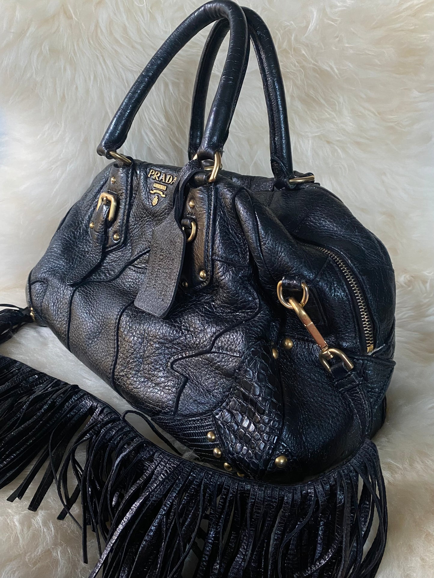 Prada Cervo Patchwork Fringe Bowler Bag Black
