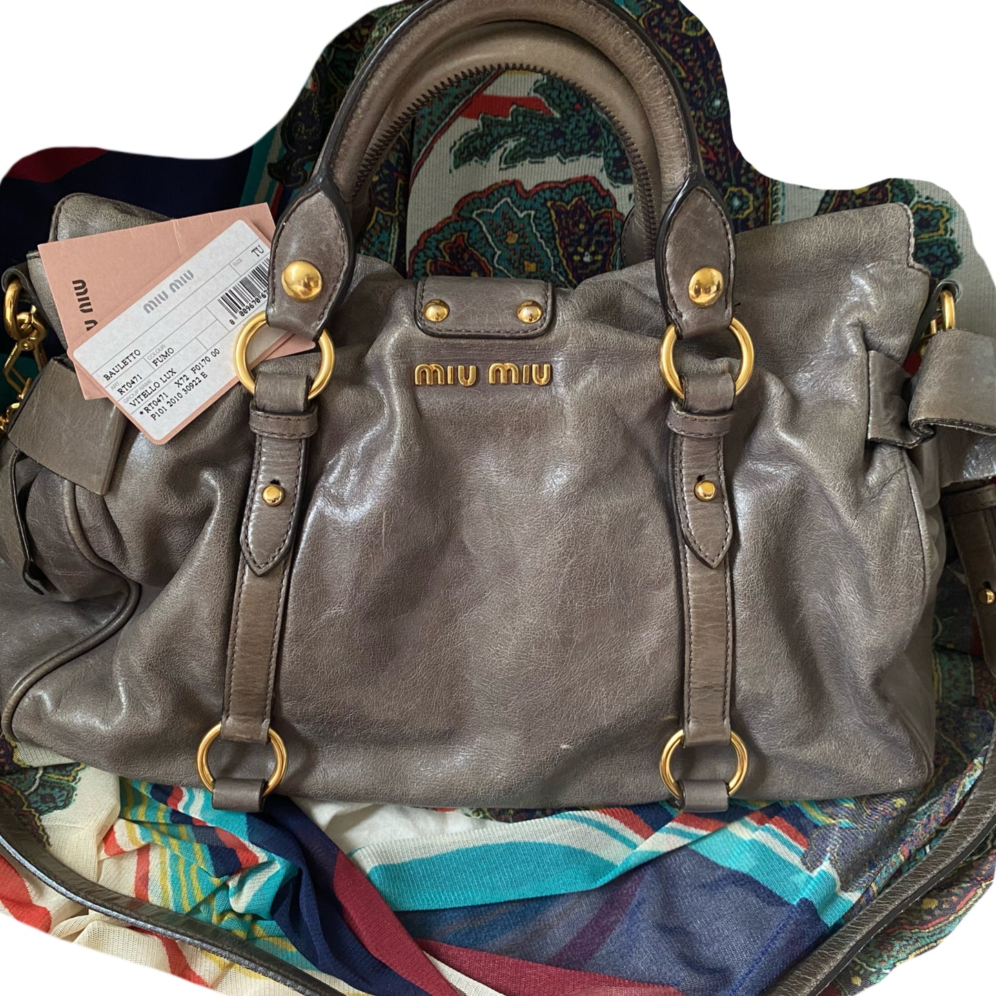 Miu Miu Vitello Lux Bow 2-Way Big Handbag Grey