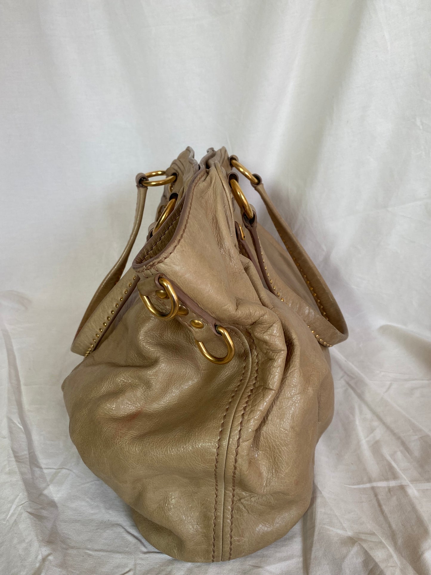 Miu Miu Vitello Lux Studded Heart Charm Tote Bag Beige