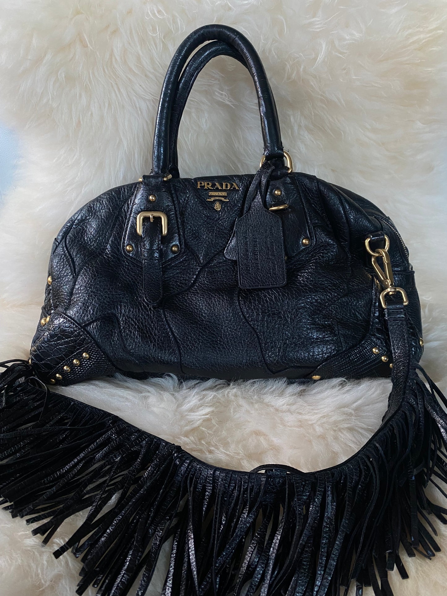 Prada Cervo Patchwork Fringe Bowler Bag Black