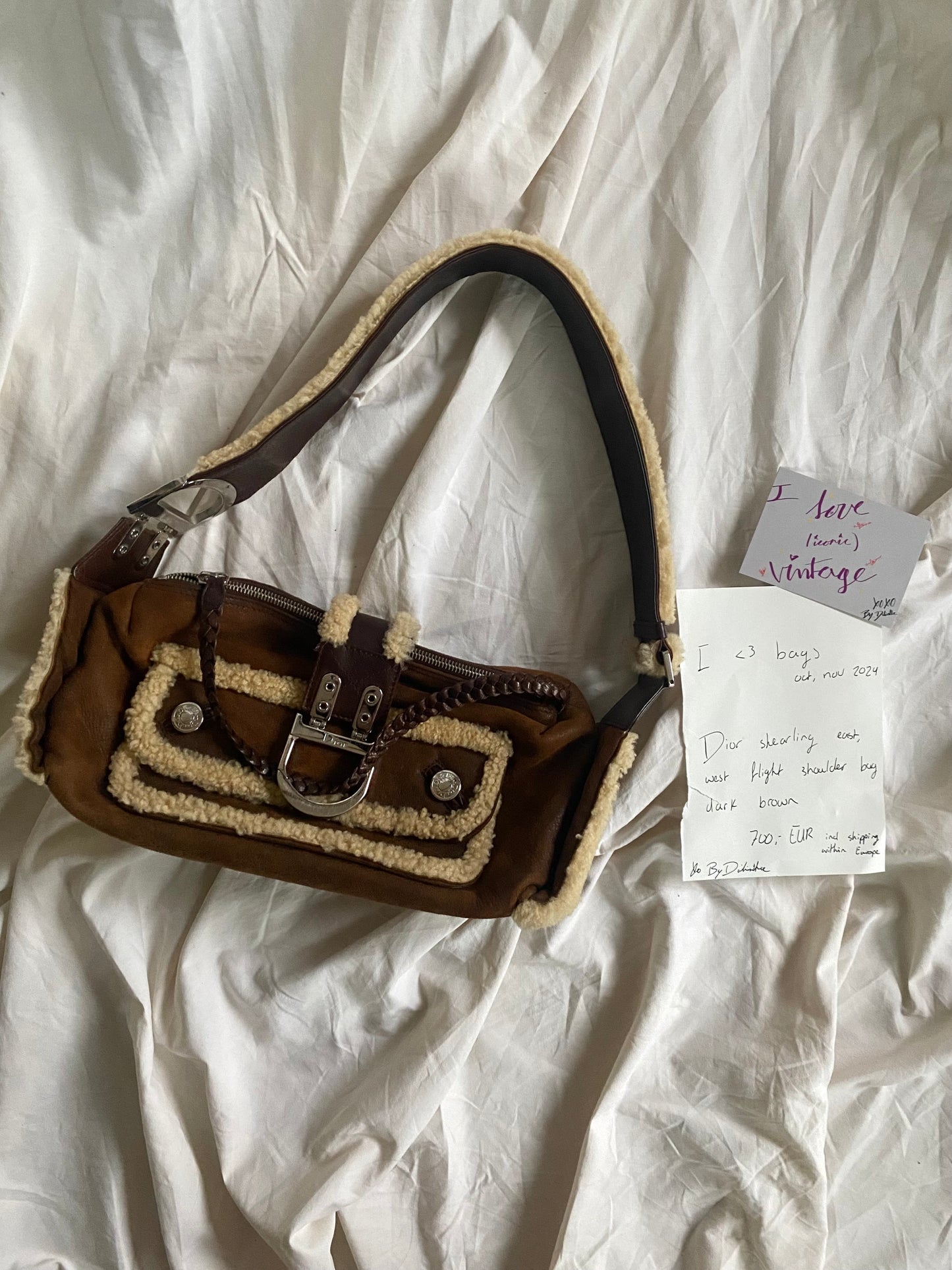 Dior Shearling East, West, Flight Shoulder Bag Dark Brown