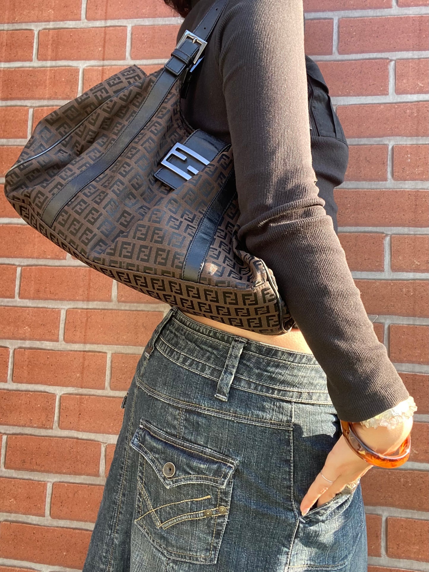 Fendi Zucca Monogram Shoulder Bag Dark Brown
