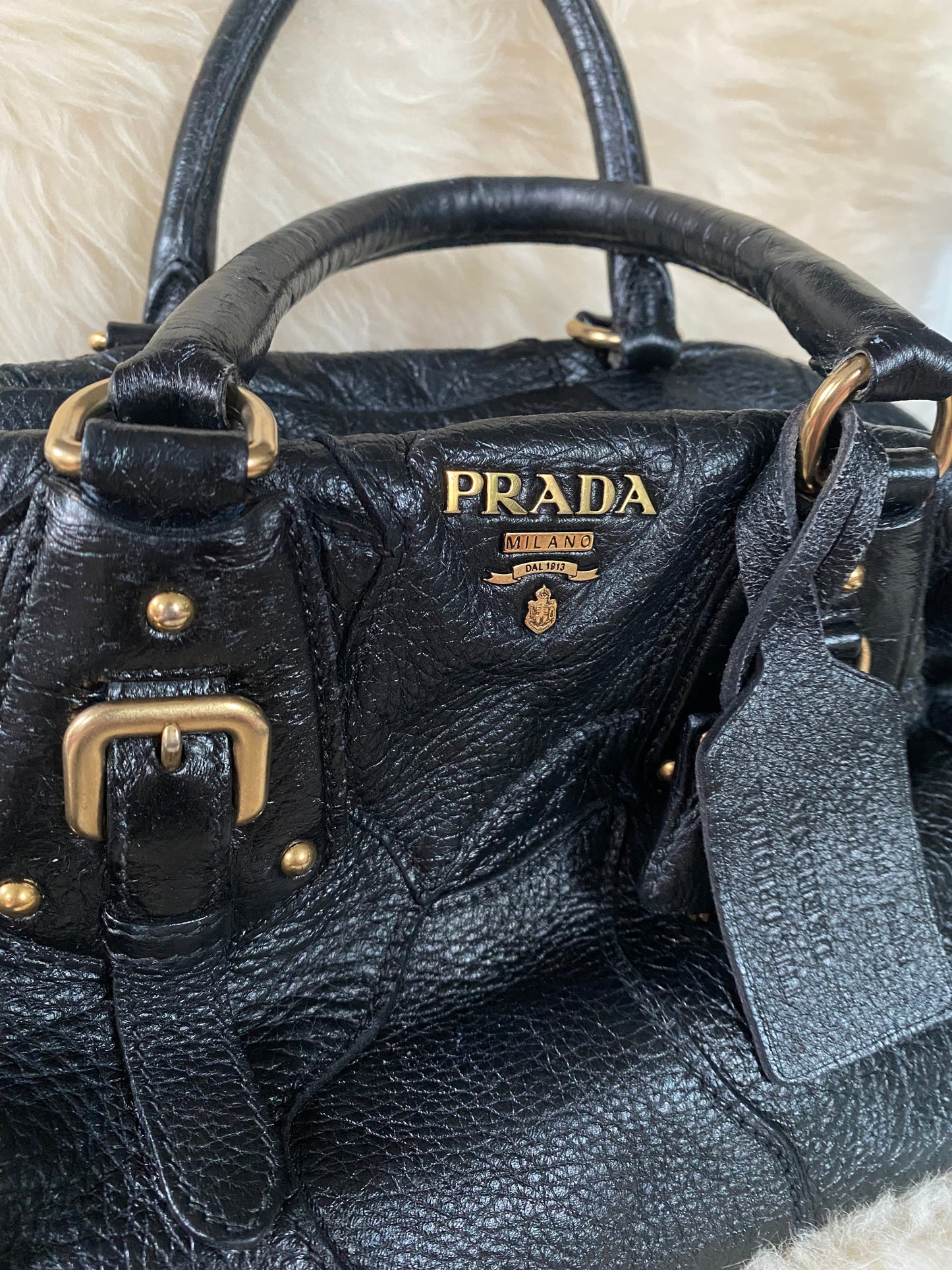 Prada Cervo Patchwork Fringe Bowler Bag Black