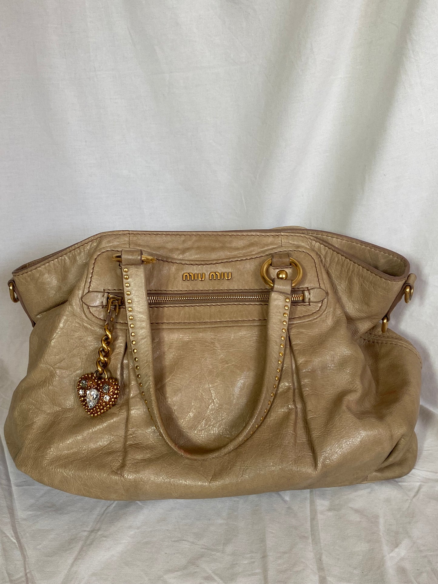 Miu Miu Vitello Lux Studded Heart Charm Tote Bag Beige