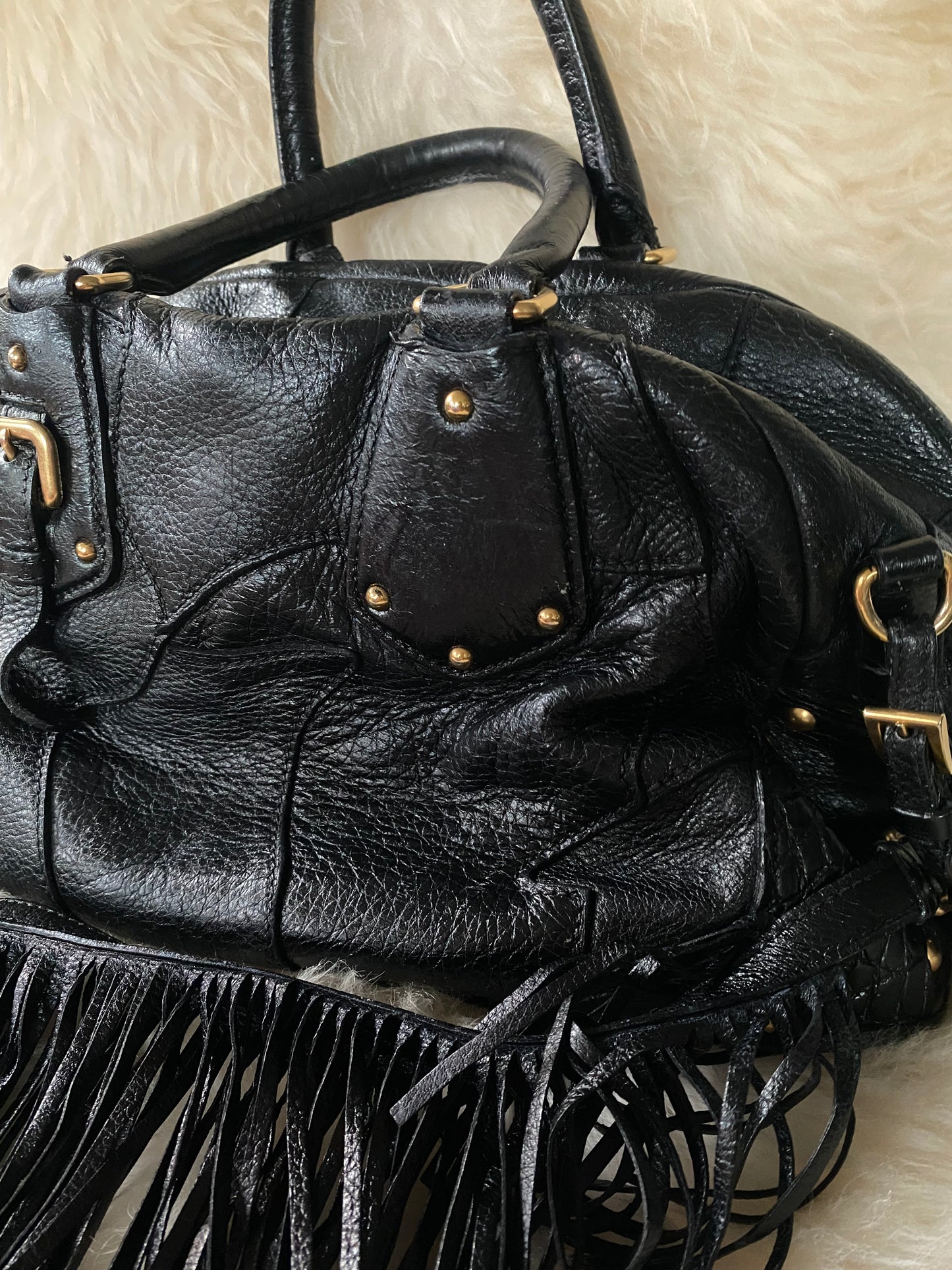 Prada Cervo Patchwork Fringe Bowler Bag Black