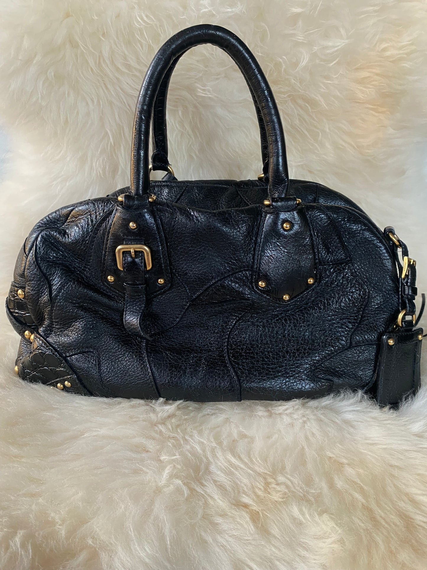 Prada Cervo Patchwork Fringe Bowler Bag Black