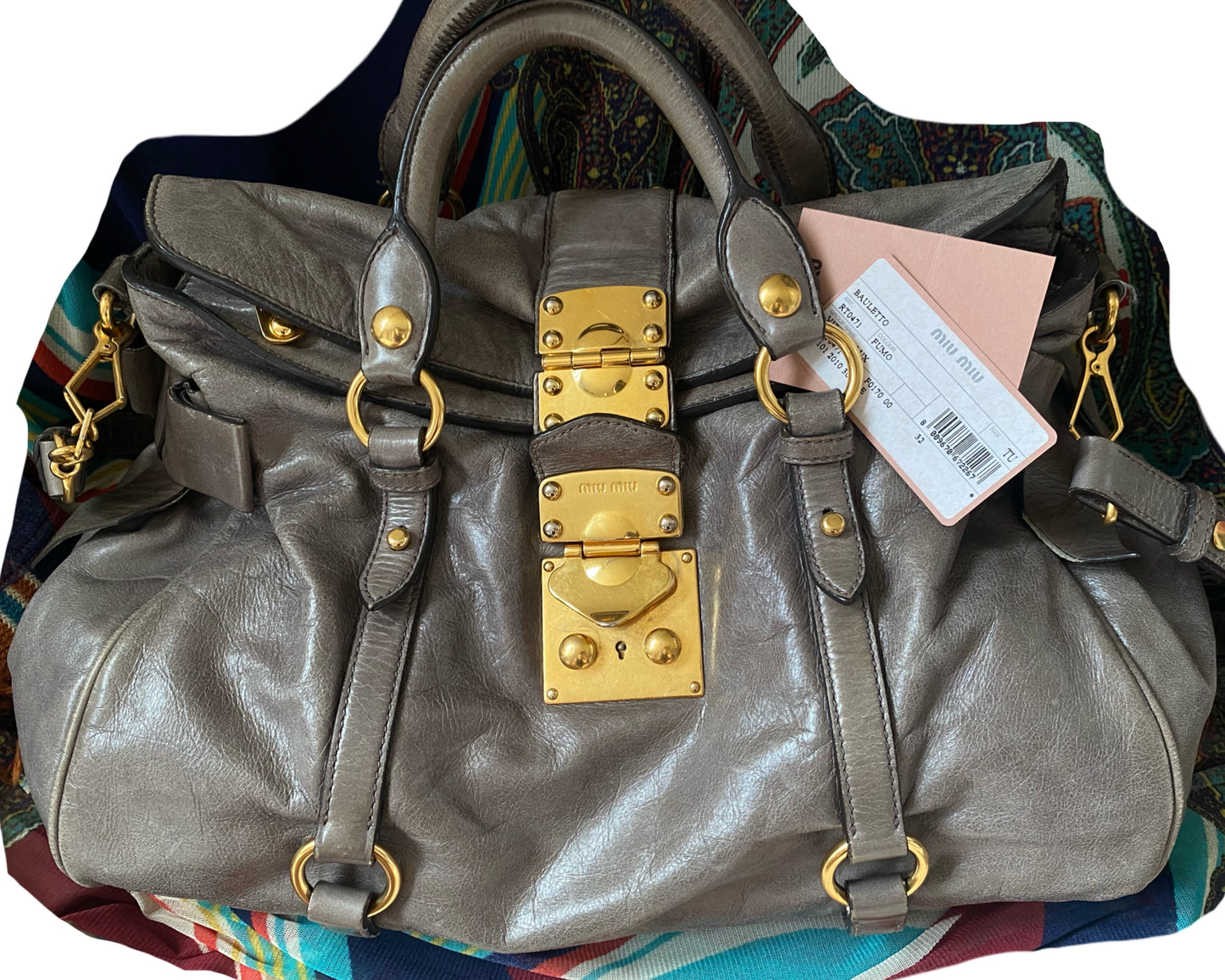 Miu Miu Vitello Lux Bow 2-Way Big Handbag Grey