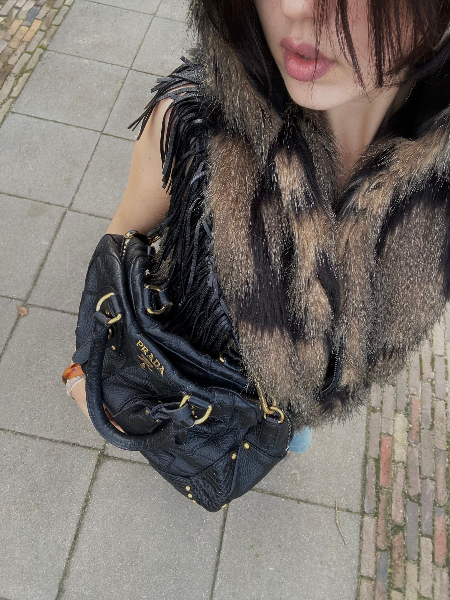 Prada Cervo Patchwork Fringe Bowler Bag Black