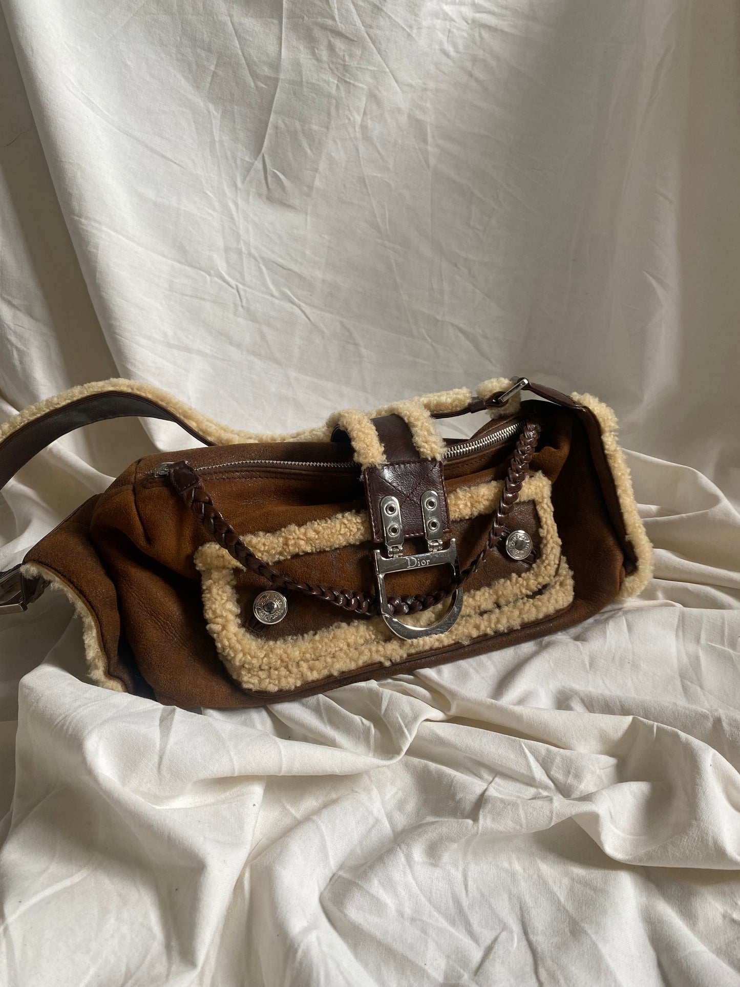 Dior Shearling East, West, Flight Shoulder Bag Dark Brown