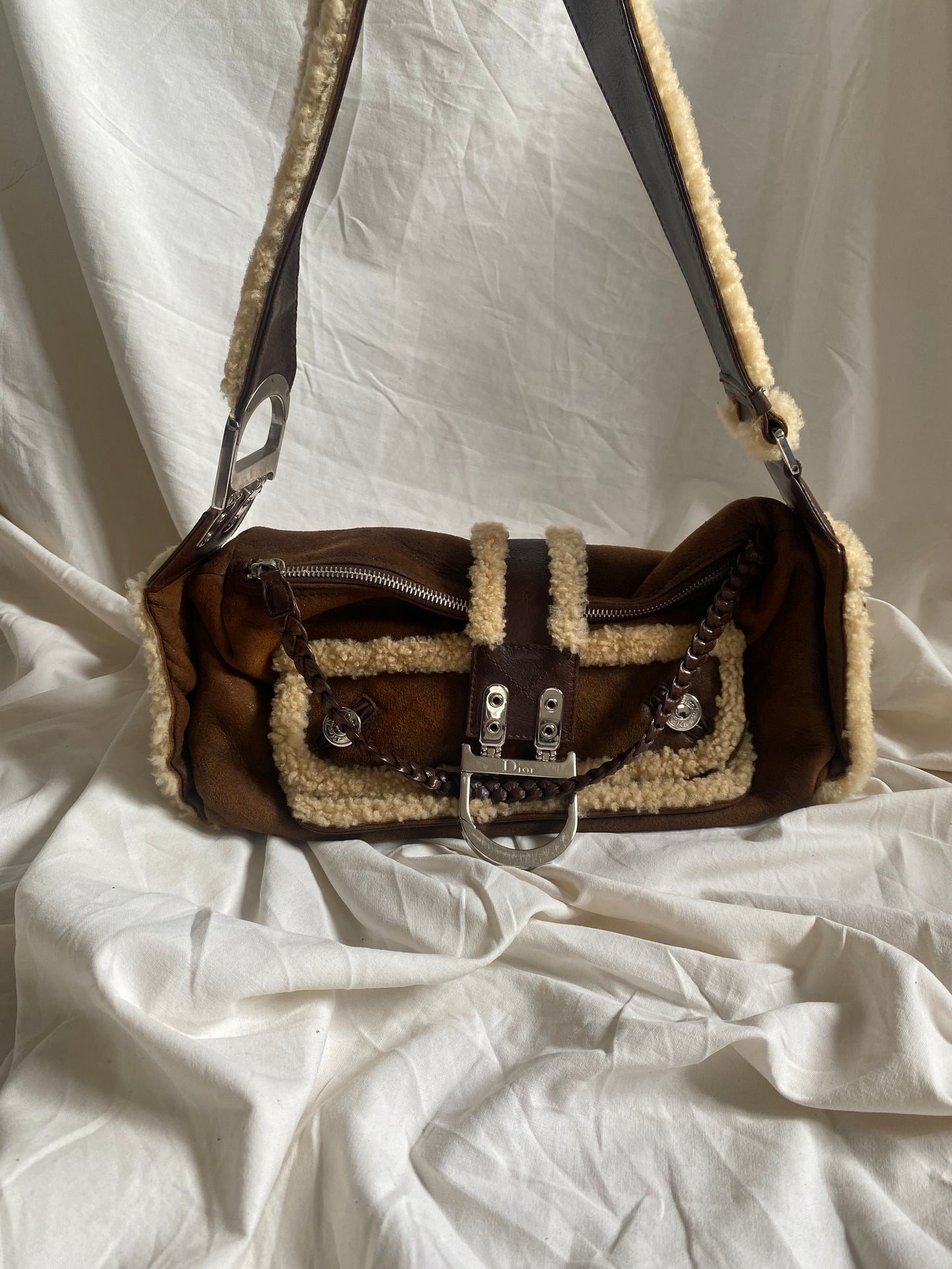 Dior Shearling East, West, Flight Shoulder Bag Dark Brown