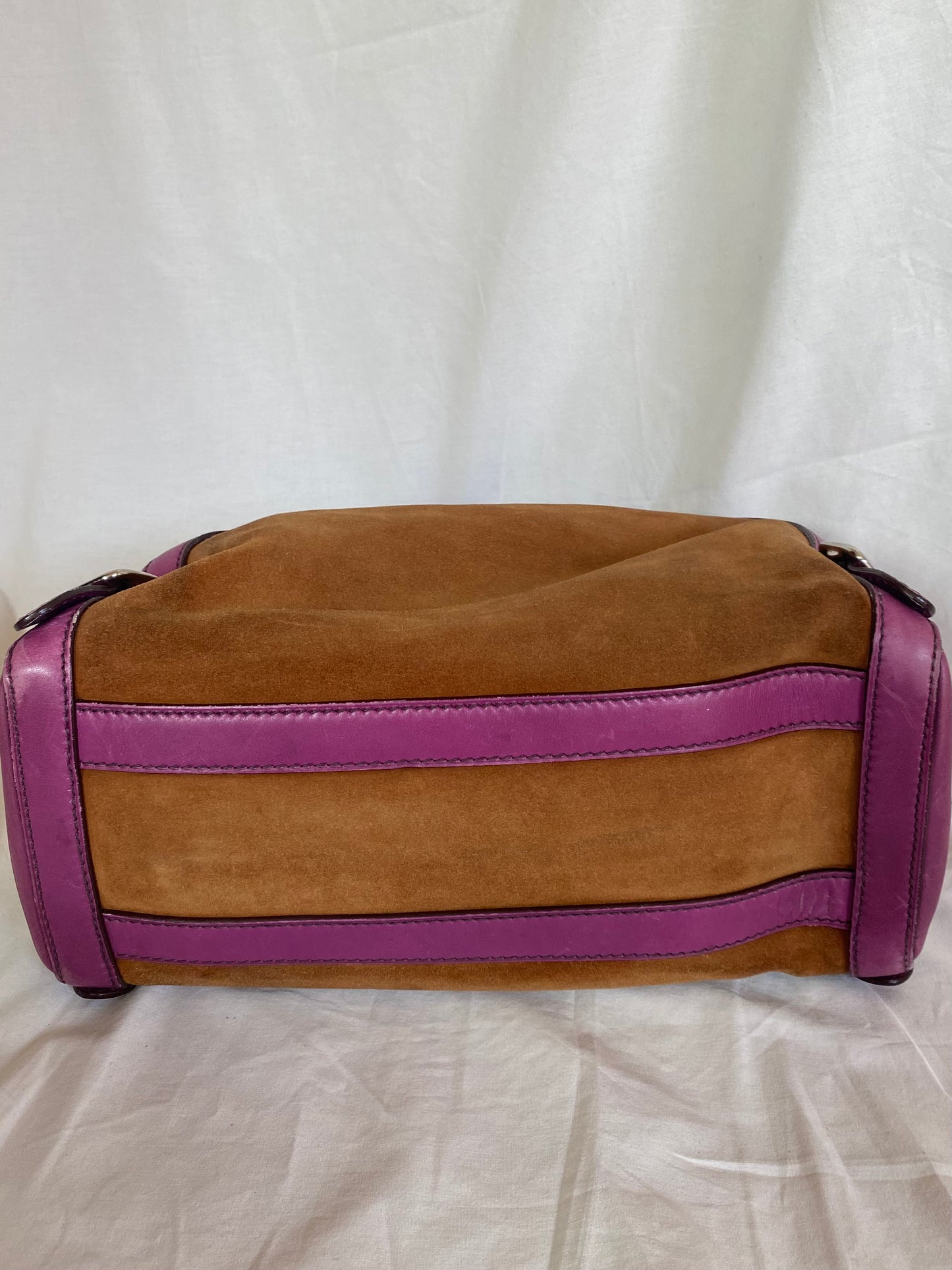 Prada Vitello-Trimmed Canapa Bowler Bag Suede, Pink Trim Leather Details