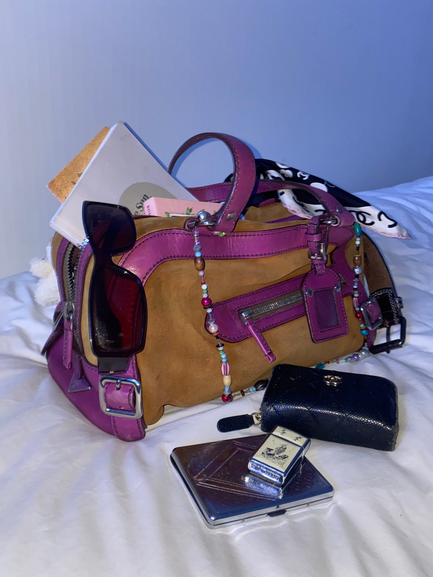 Prada Vitello-Trimmed Canapa Bowler Bag Suede, Pink Trim Leather Details