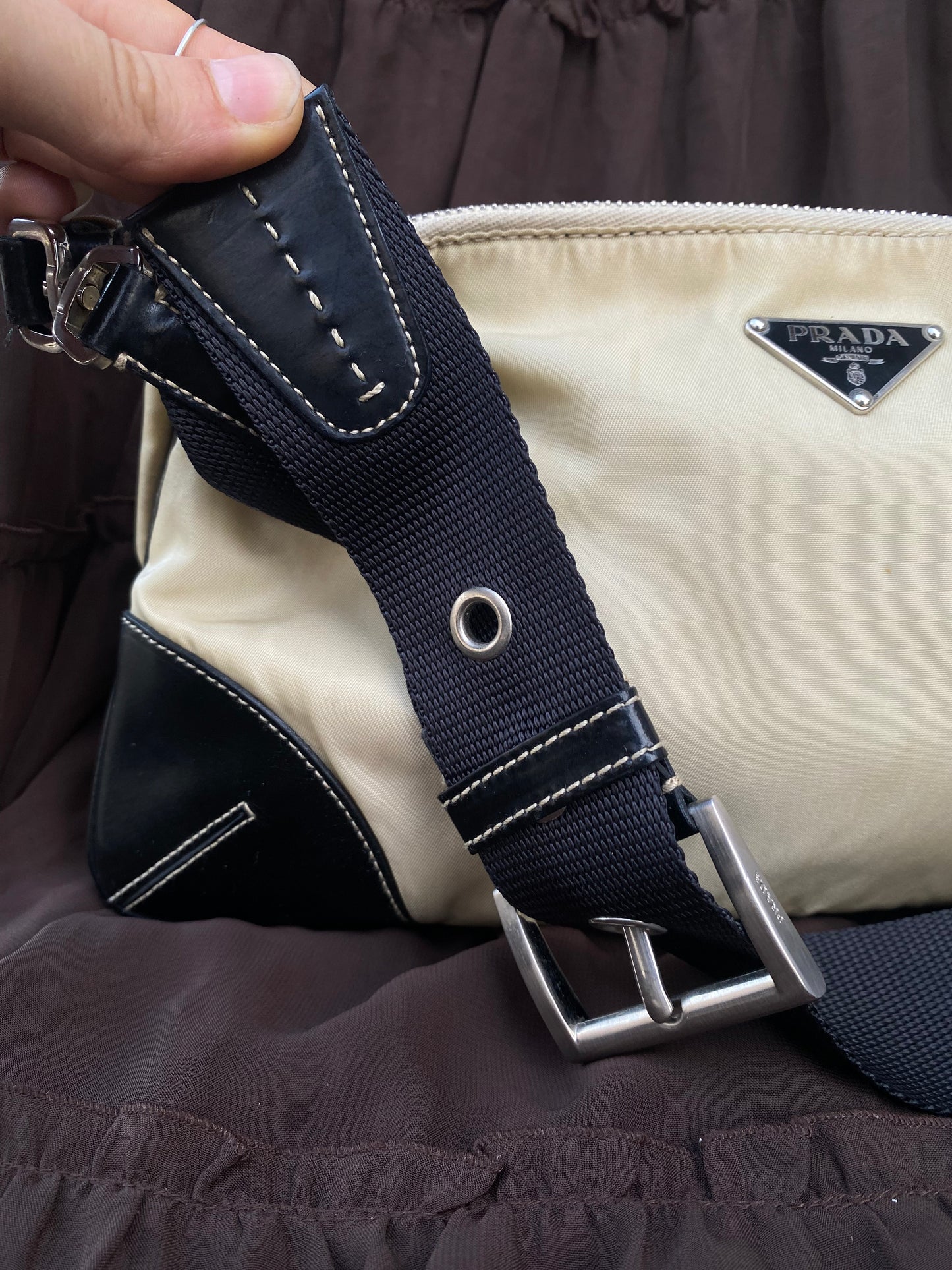 Vintage Prada Tessuto Mini Bag Buckle Shoulderstrap Detail Creme 2003
