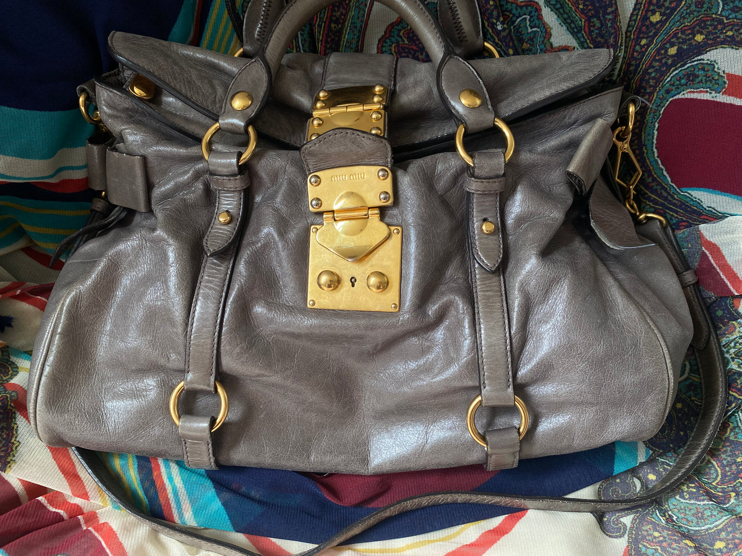 Miu Miu Vitello Lux Bow 2-Way Big Handbag Grey