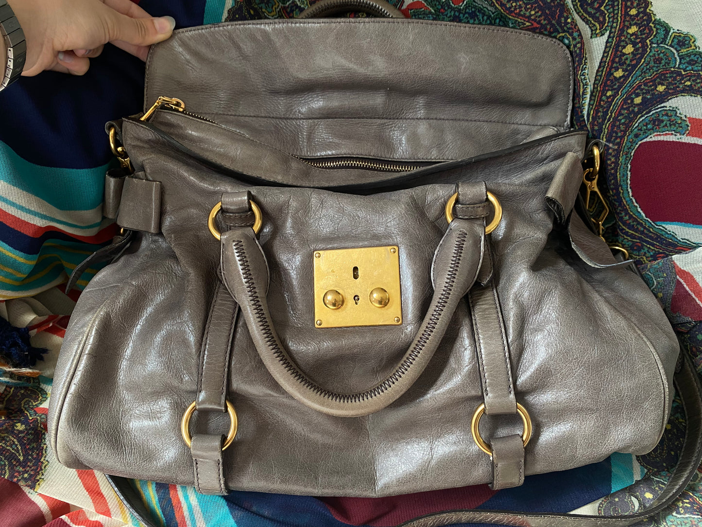 Miu Miu Vitello Lux Bow 2-Way Big Handbag Grey