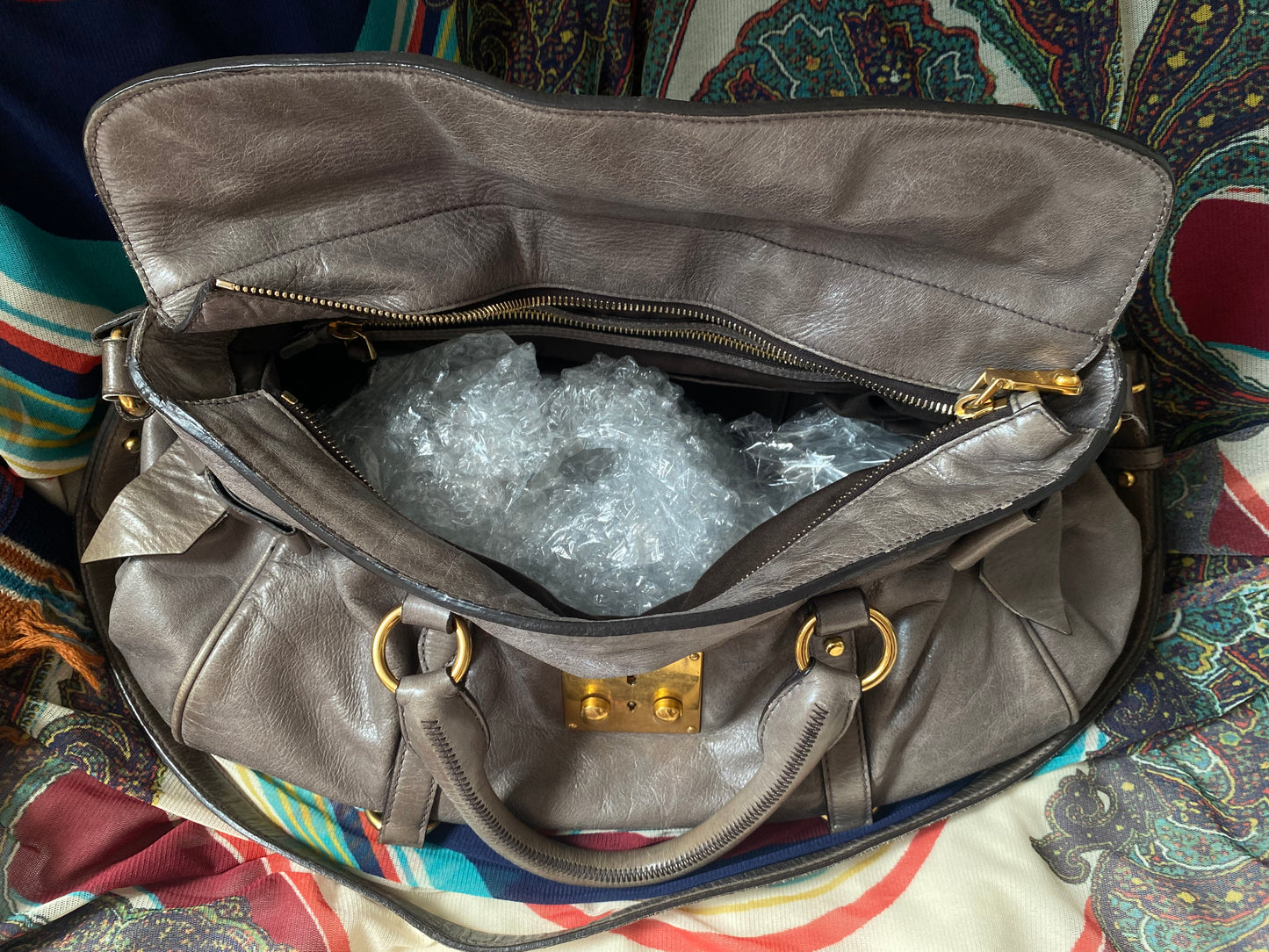 Miu Miu Vitello Lux Bow 2-Way Big Handbag Grey
