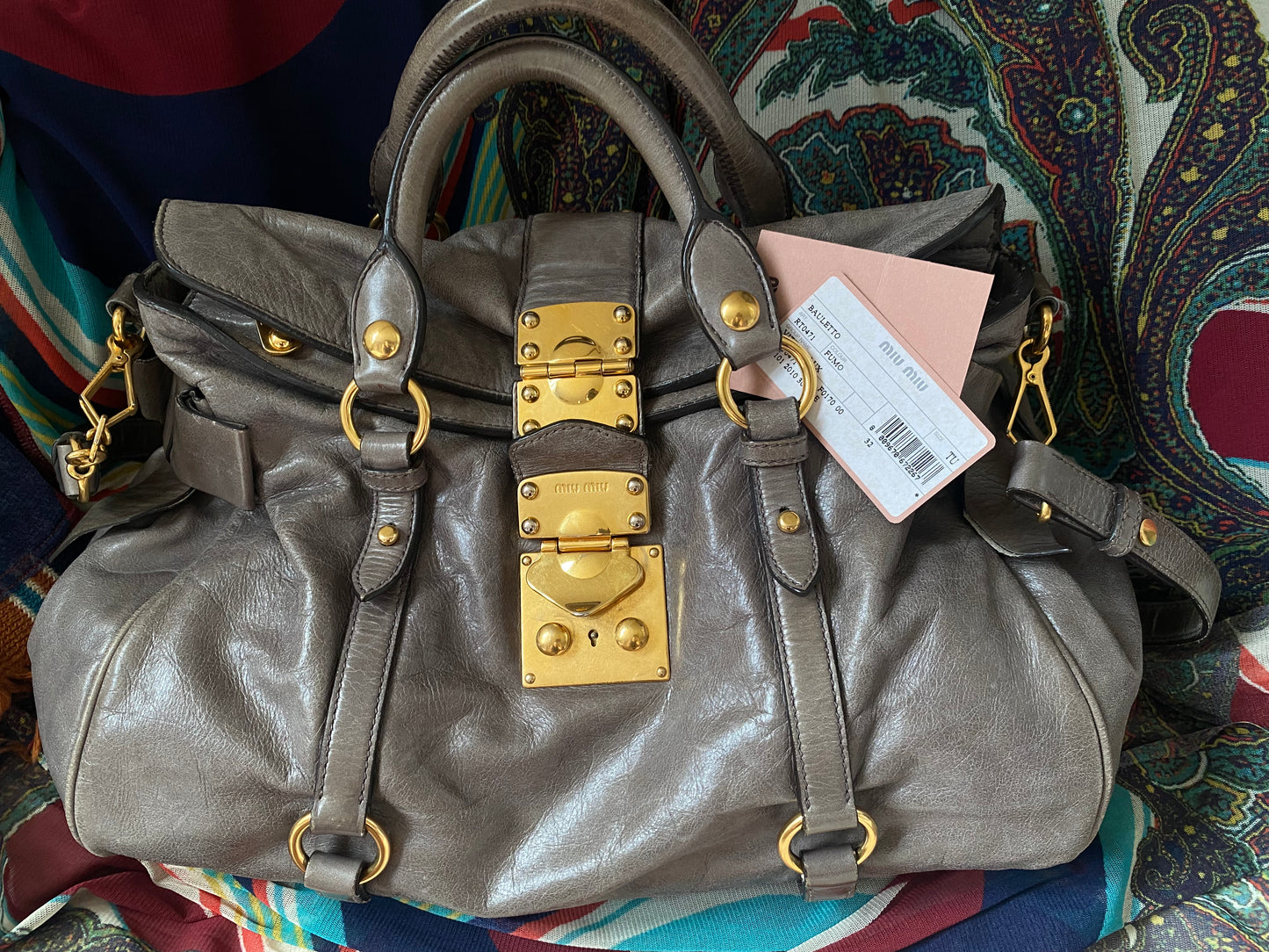 Miu Miu Vitello Lux Bow 2-Way Big Handbag Grey