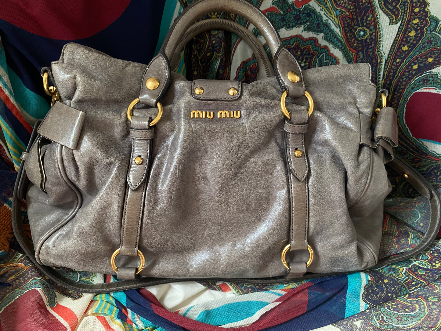 Miu Miu Vitello Lux Bow 2-Way Big Handbag Grey