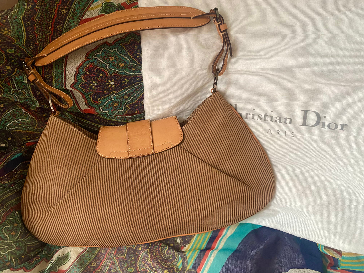 Christian Dior Corduroy Shoulder Bag Beige, Brown 2002
