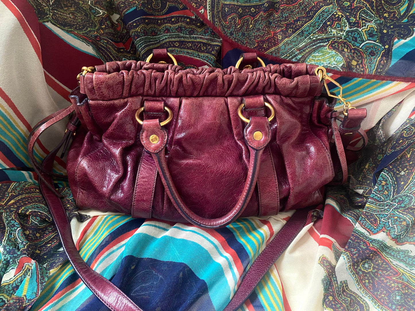 Miu Miu Vitello Lux 2-Way Leather Handbag Dark Fuchsia