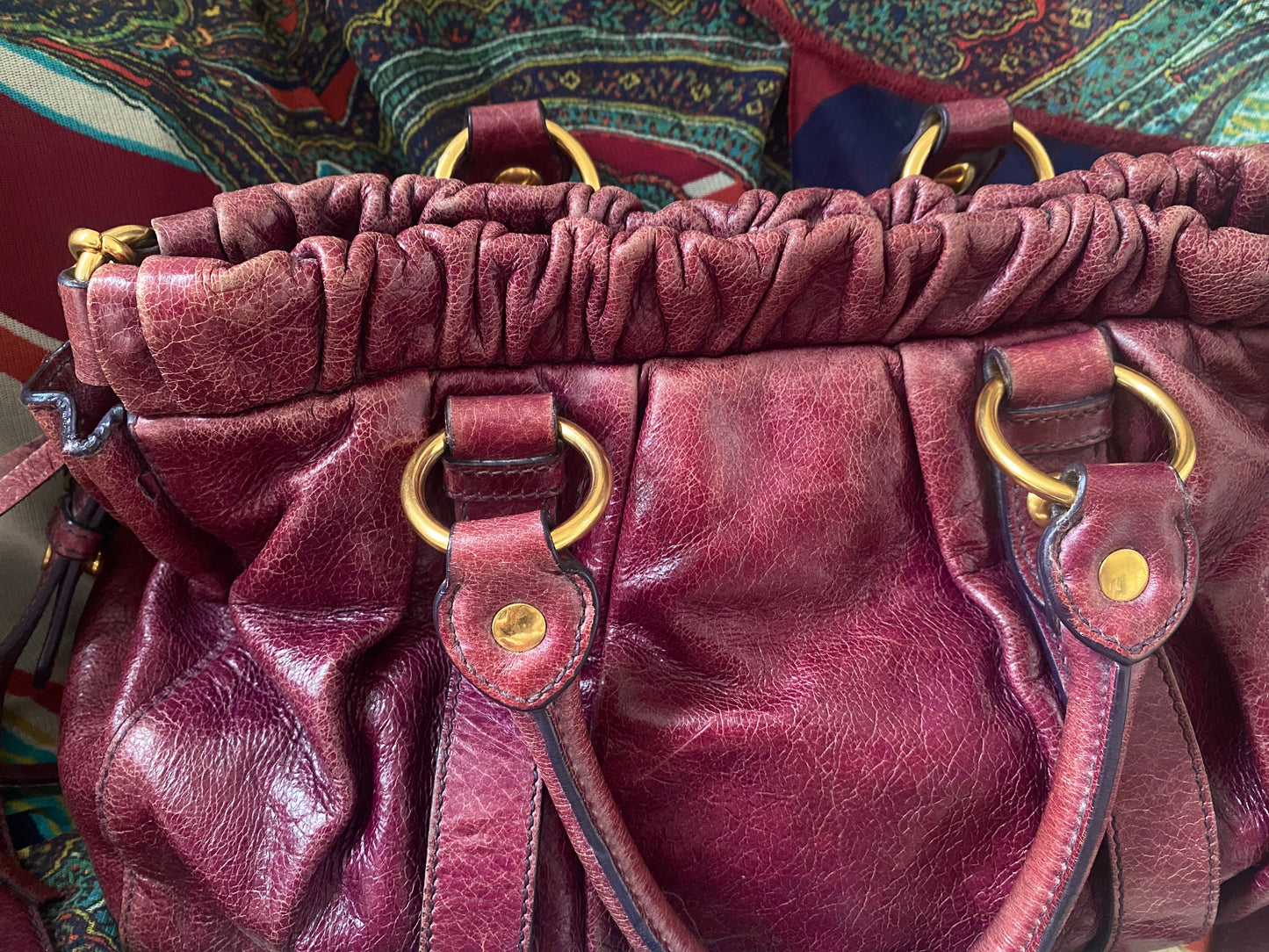 Miu Miu Vitello Lux 2-Way Leather Handbag Dark Fuchsia