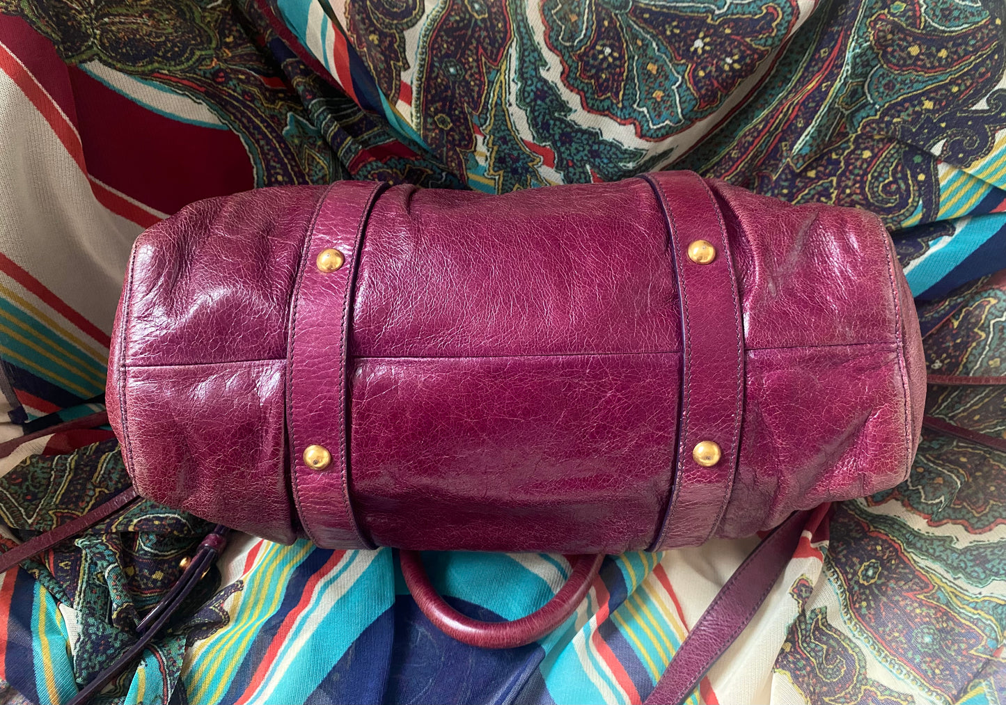 Miu Miu Vitello Lux 2-Way Leather Handbag Dark Fuchsia