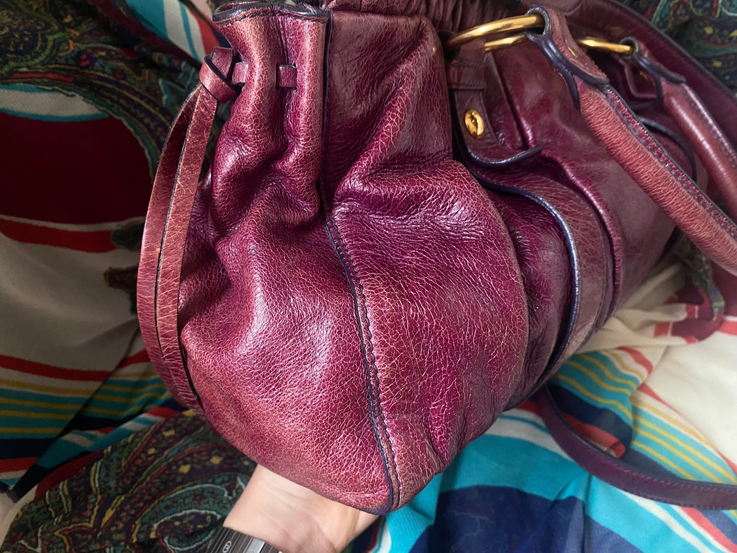 Miu Miu Vitello Lux 2-Way Leather Handbag Dark Fuchsia