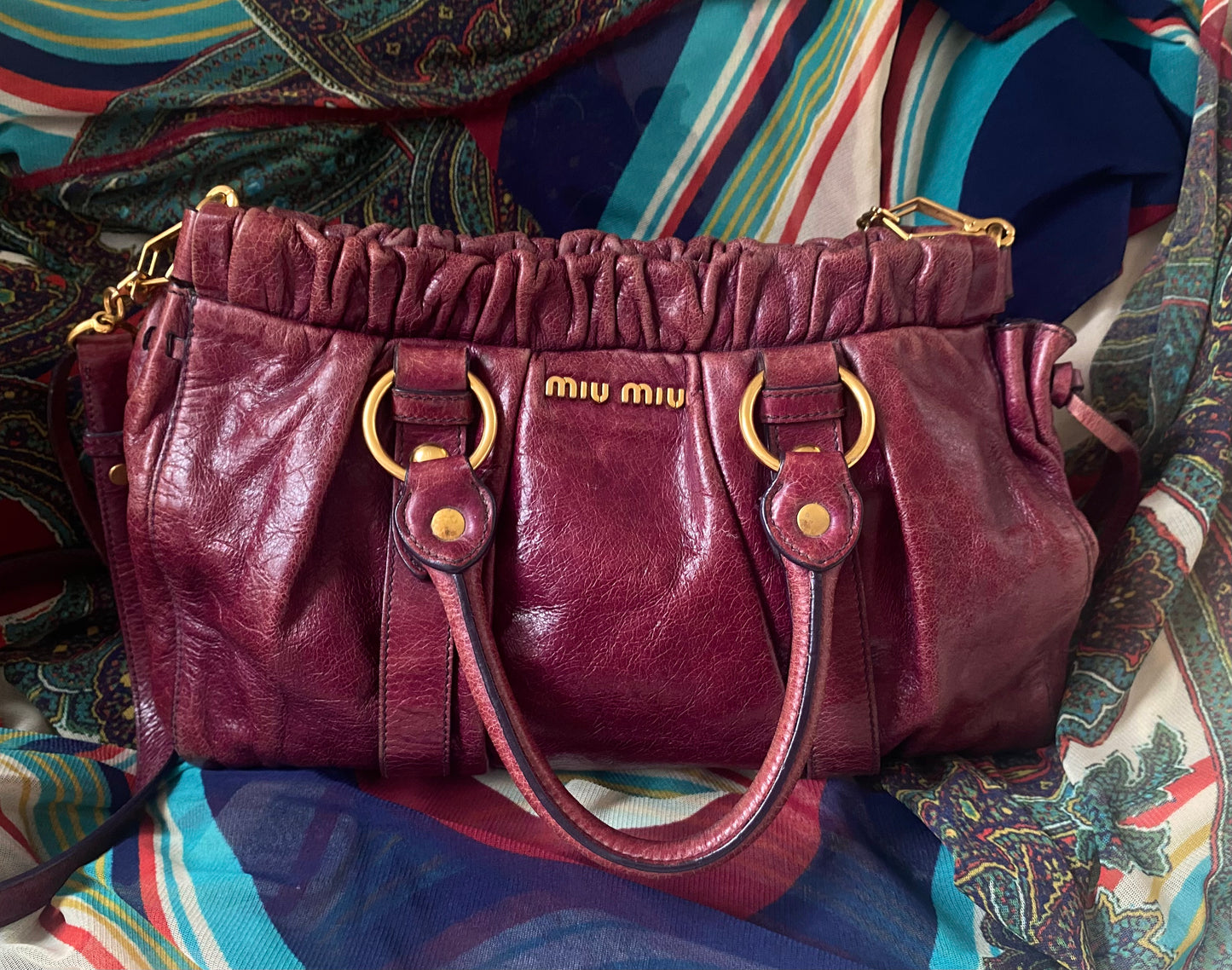 Miu Miu Vitello Lux 2-Way Leather Handbag Dark Fuchsia