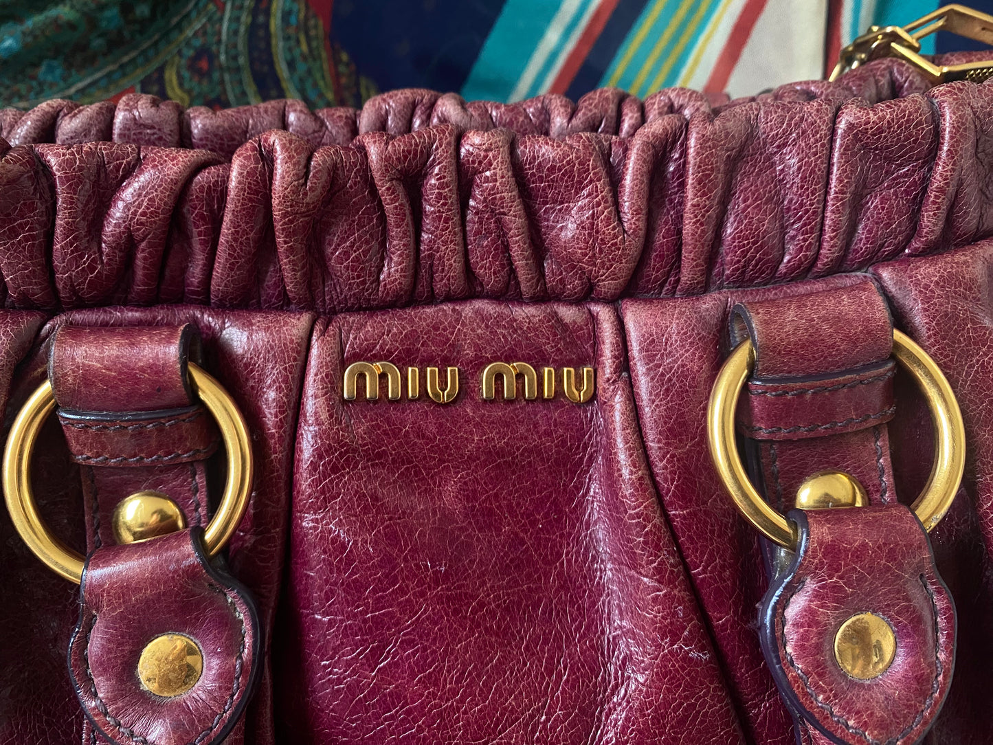 Miu Miu Vitello Lux 2-Way Leather Handbag Dark Fuchsia