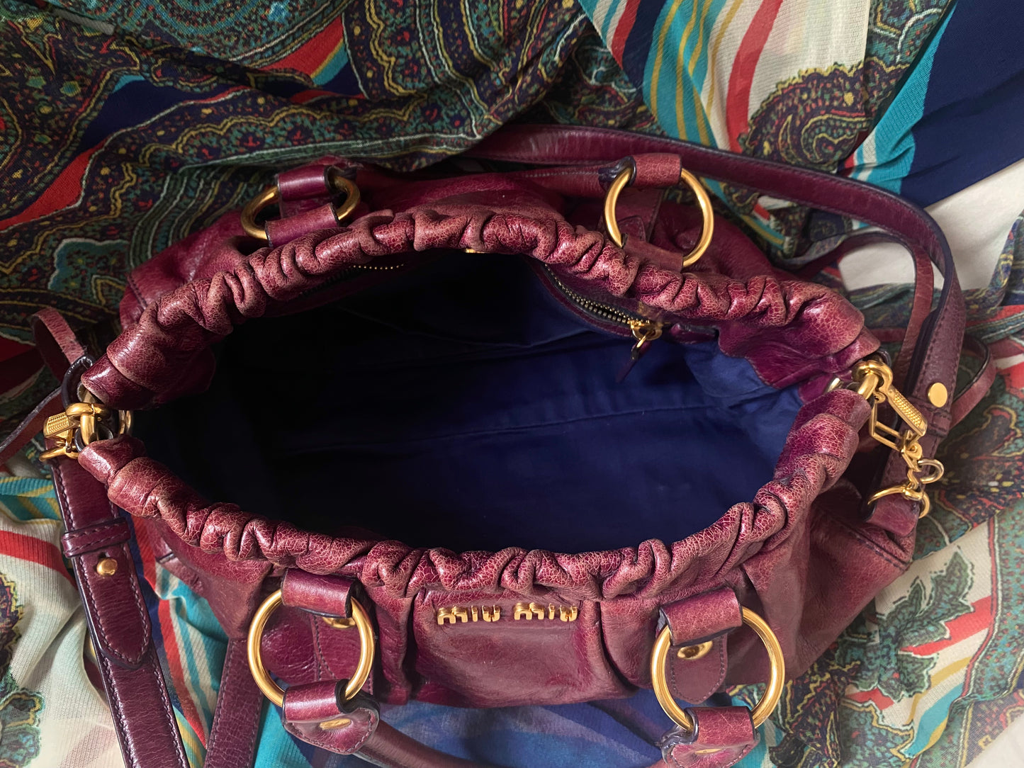 Miu Miu Vitello Lux 2-Way Leather Handbag Dark Fuchsia