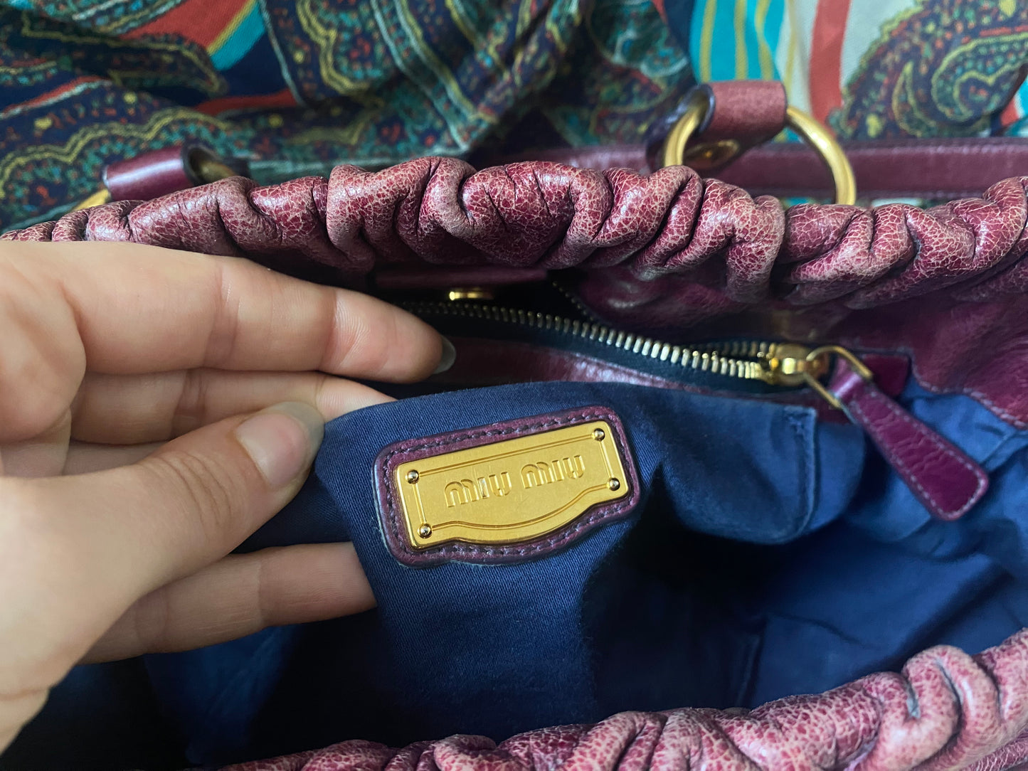 Miu Miu Vitello Lux 2-Way Leather Handbag Dark Fuchsia