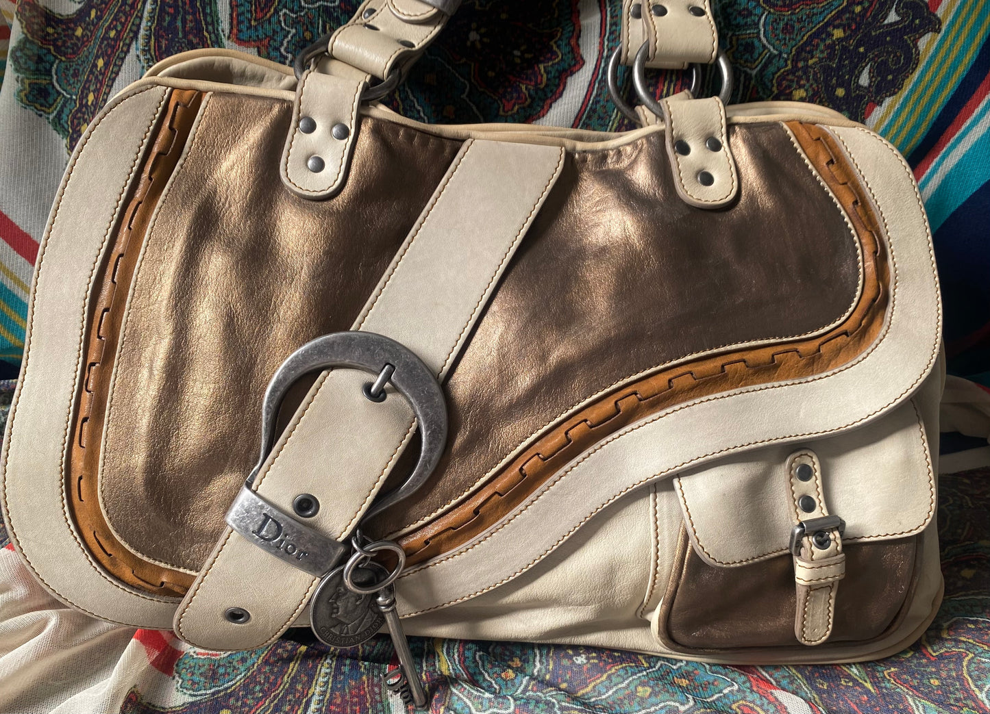 (refurbished) Christian Dior Gaucho Large Double Saddle Leather Shoulder Bag, Cream 2006