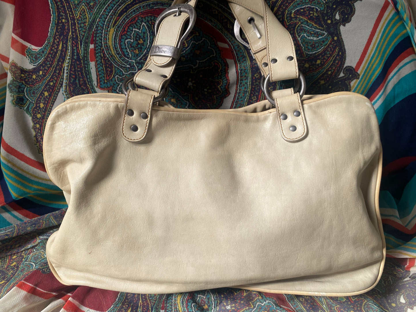 (refurbished) Christian Dior Gaucho Large Double Saddle Leather Shoulder Bag, Cream 2006