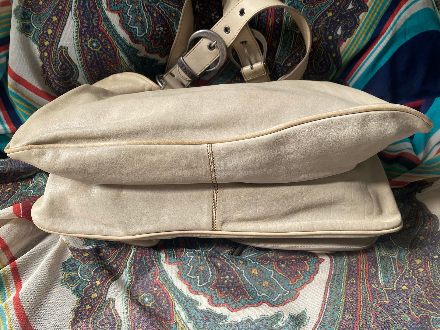 (refurbished) Christian Dior Gaucho Large Double Saddle Leather Shoulder Bag, Cream 2006