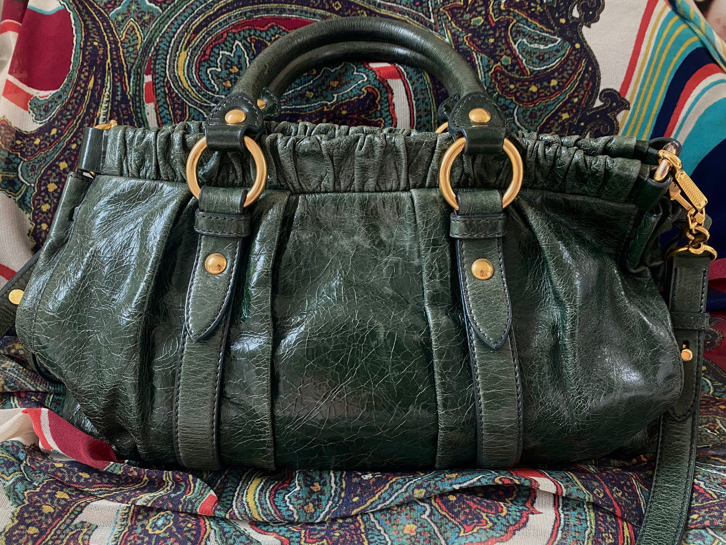 Miu Miu Vitello Lux 2-Way Leather Handbag Emerald Green