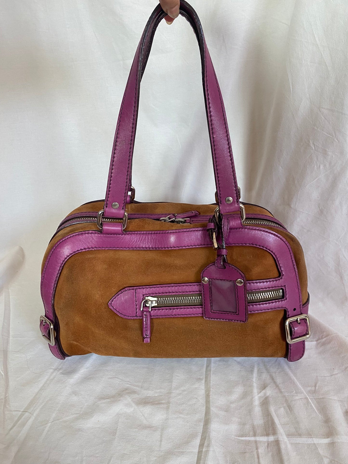 Prada Vitello-Trimmed Canapa Bowler Bag Suede, Pink Trim Leather Details
