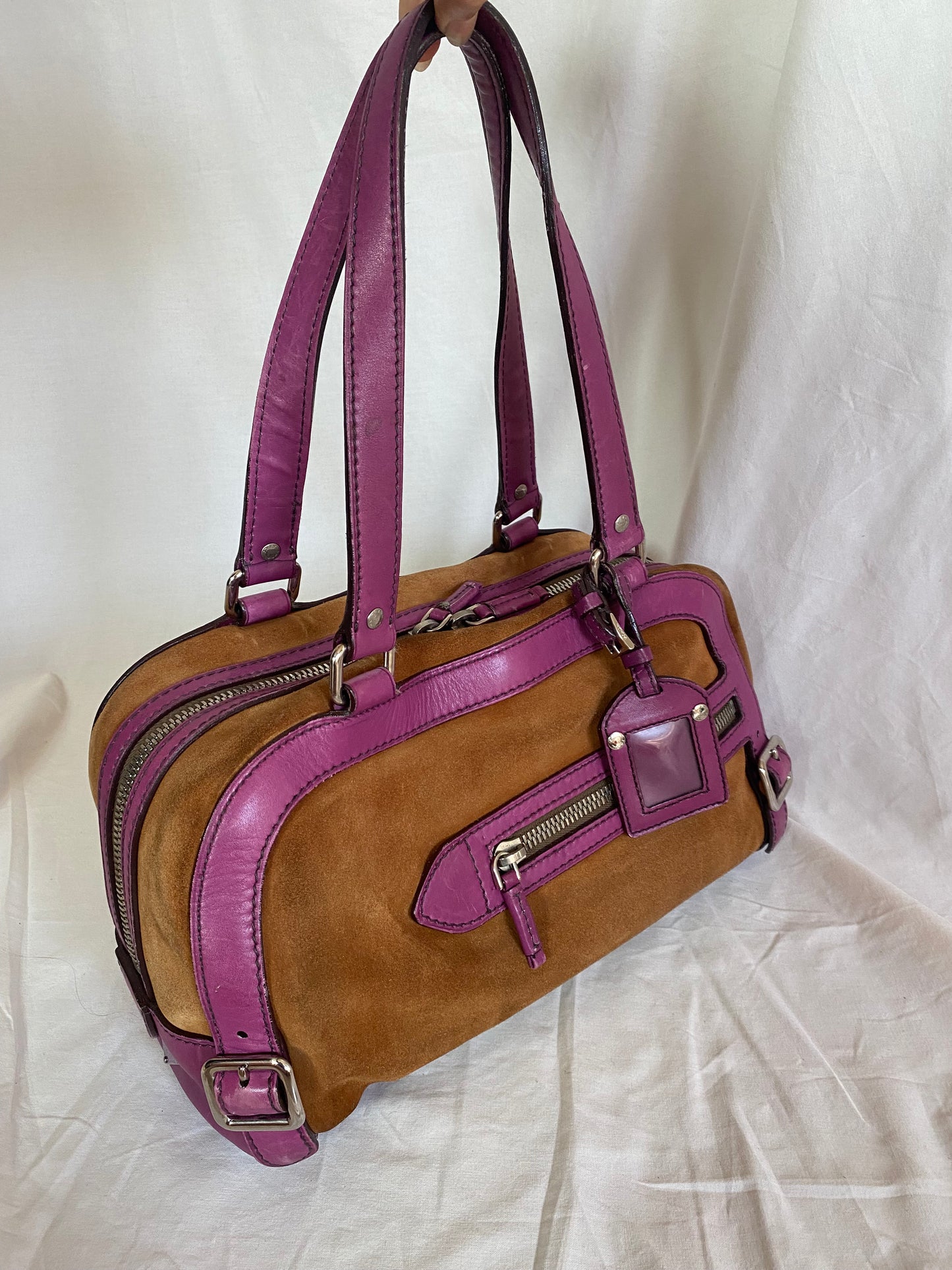Prada Vitello-Trimmed Canapa Bowler Bag Suede, Pink Trim Leather Details