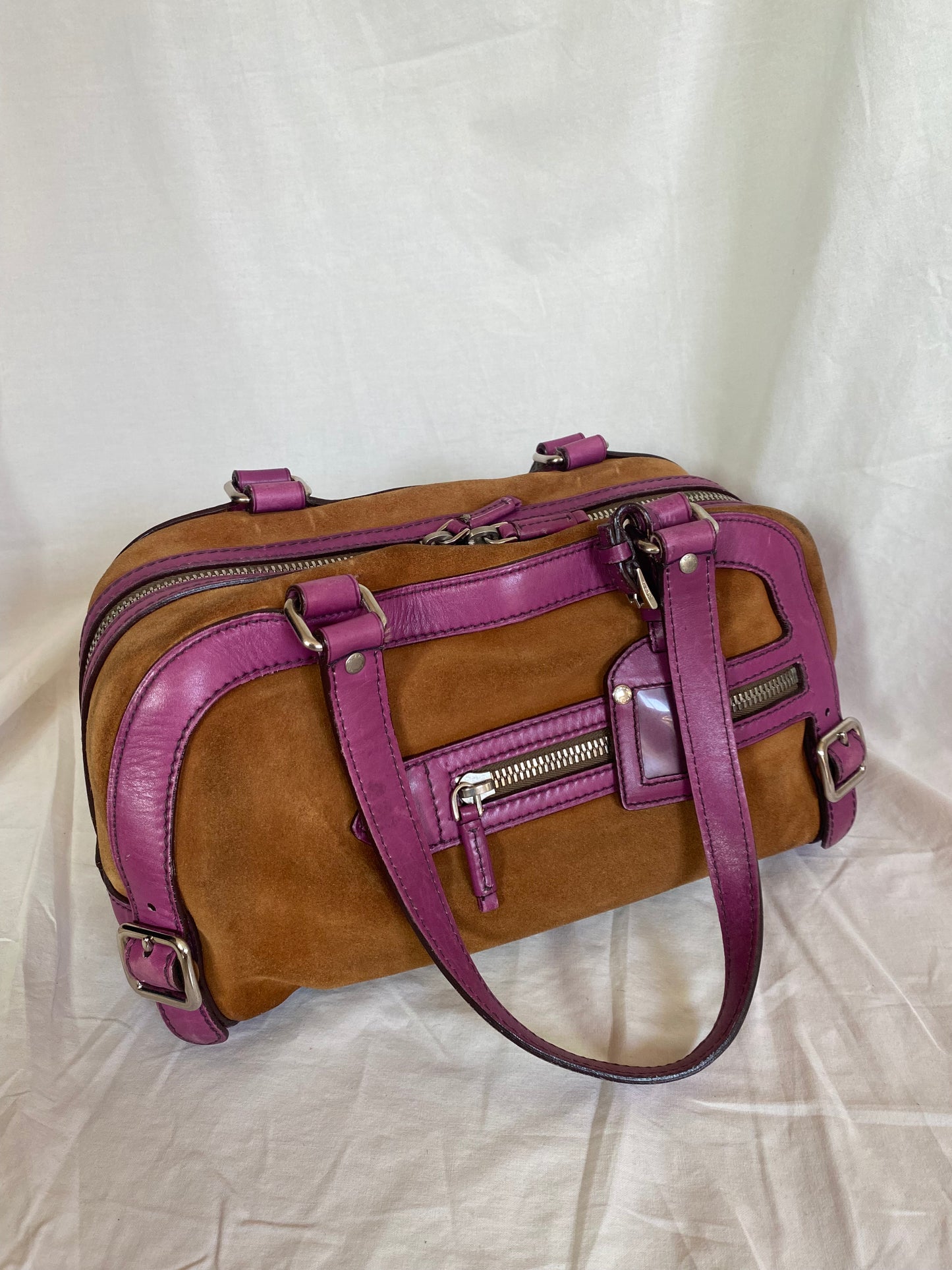Prada Vitello-Trimmed Canapa Bowler Bag Suede, Pink Trim Leather Details