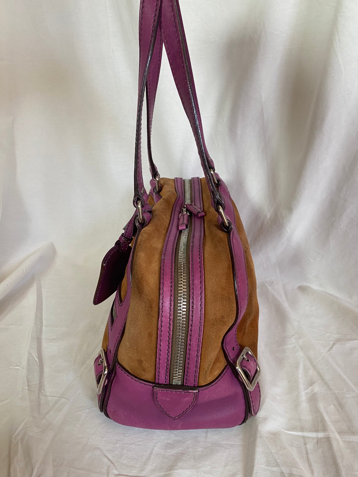 Prada Vitello-Trimmed Canapa Bowler Bag Suede, Pink Trim Leather Details